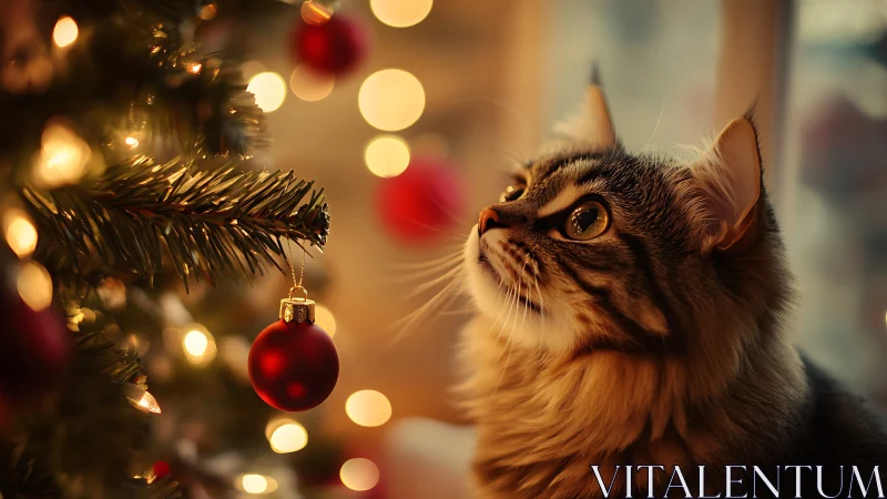 Tabby cat near lit Christmas tree with red ornaments.