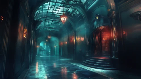 Moody glass-roof corridor with teal light and red door.