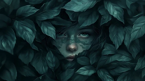 Child’s face emerging quietly from dense green foliage.