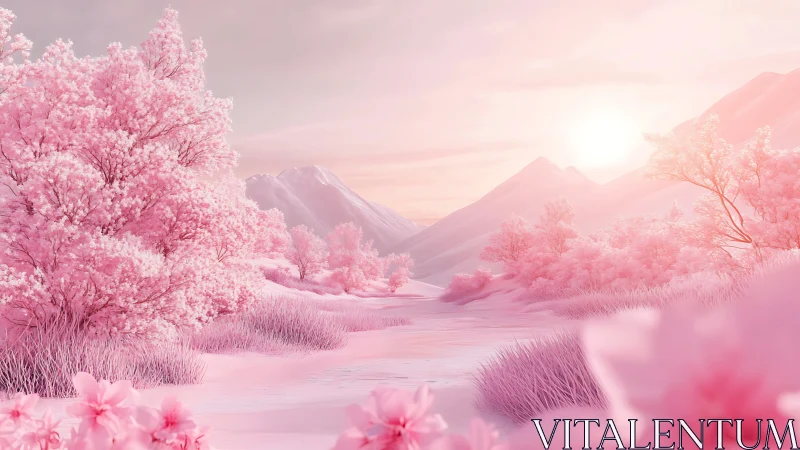 Pink-toned digital landscape with trees and distant mountains.