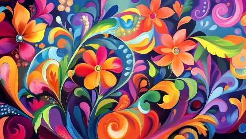 Multicolored abstract floral pattern with swirling foliage.