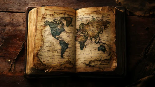 World map quietly unfolds its legends across an ancient book