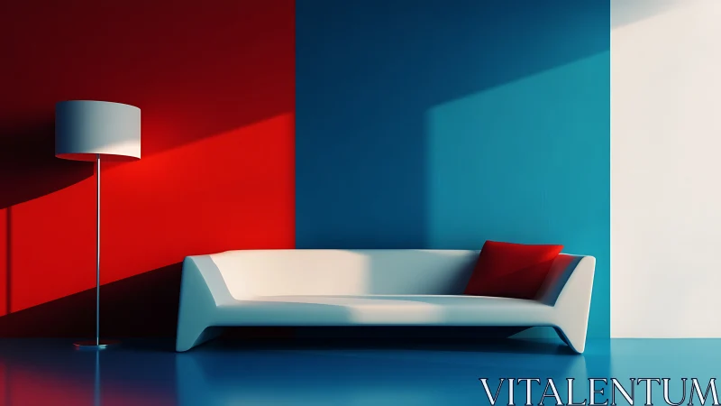 Minimalist tricolor interior with sculpted sofa composition.