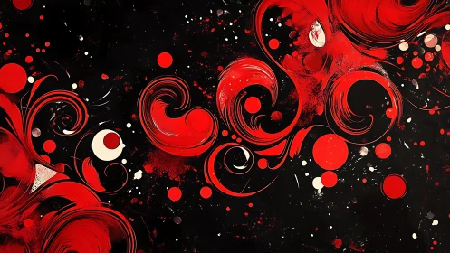 Swirling red blooms dance across a bold night sky canvas.