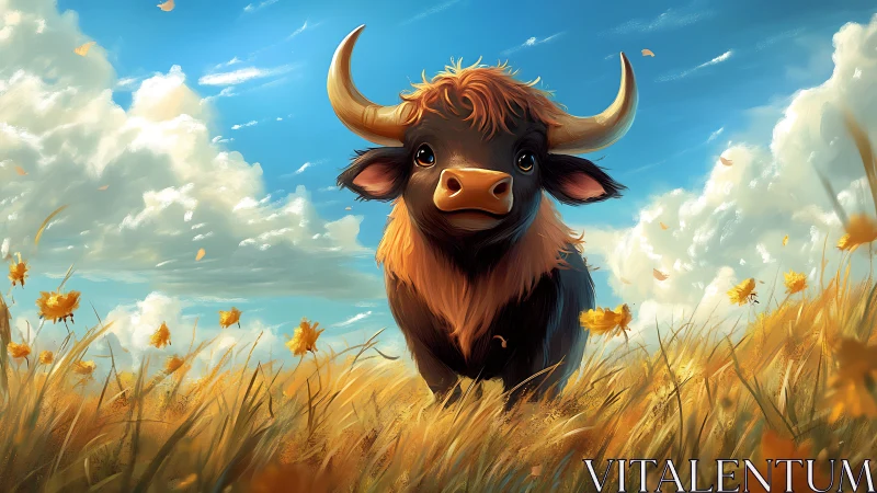 Digital rendering shows horned bovine in sunlit field