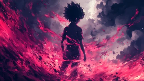 Solitary youth engulfed in crimson storm of energy.