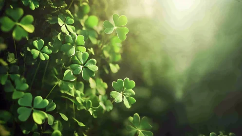 Backlit clover leaves rendered with shallow depth of field and haze