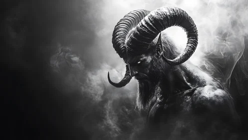 Horned demon profile in monochrome smoke-filled void.