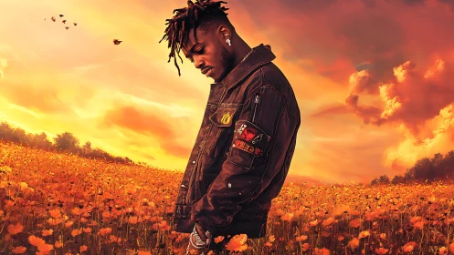 Digital portrait in sunset poppy field with cinematic lighting.