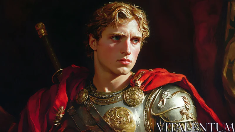 Young armored commander gazes sideways in warm light