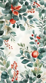 Festive watercolor foliage with berries and red fruit pattern.