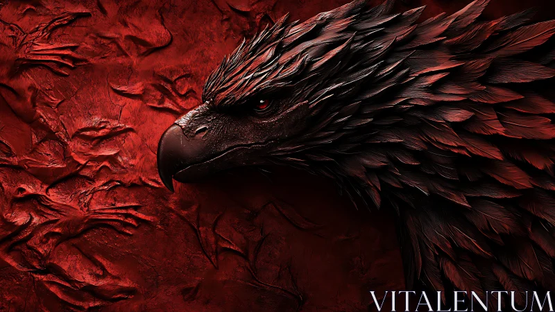 Crimson sculpted eagle head with textured feather detail.