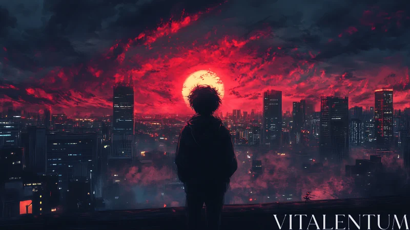 Silhouetted figure observes illuminated city beneath red sun