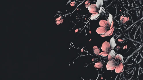 Floral branches with blossoms on dark background.