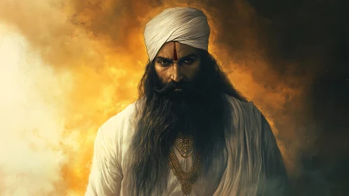Bearded man in white turban against dramatic smoky backdrop.