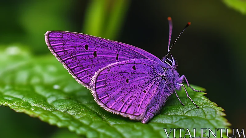 Purple butterfly close-up resting on green leaf surface.