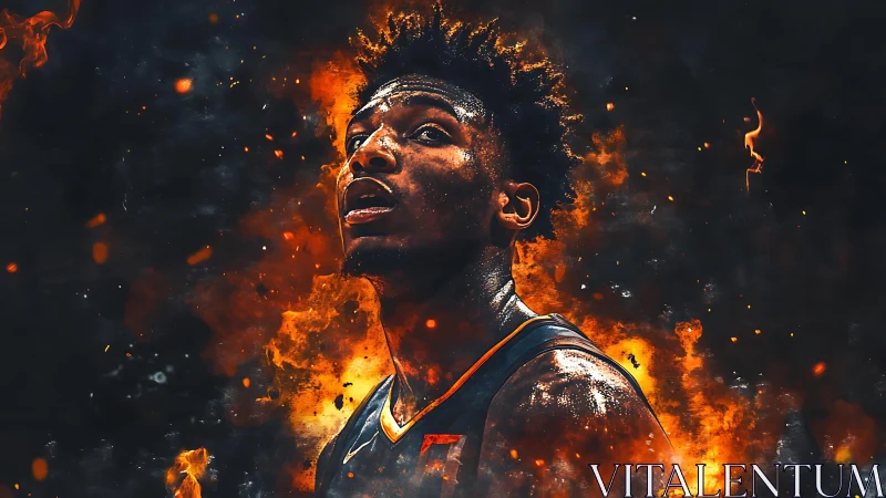 Fiery basketball hero rising through swirling sparks of night.