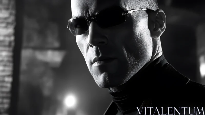 Shadow-lit agent in sleek noir sunglasses and silence.
