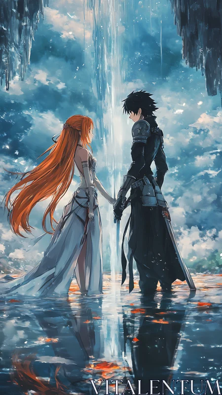 Anime couple in mirrored water scene with cascading light