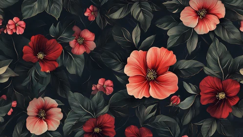 Red and Coral Flowers on Dark Background.