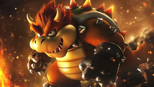 Spiked turtle beast roars inside blazing inferno battlefield.