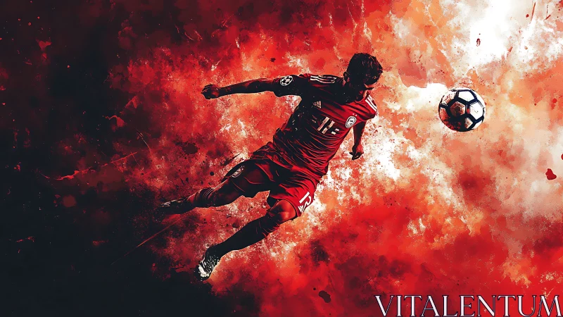 Explosive red soccer artwork capturing dynamic midair volley.