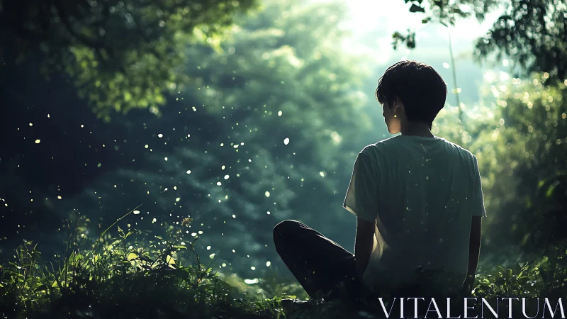 Solitary youth watches fireflies in glowing forest dusk.