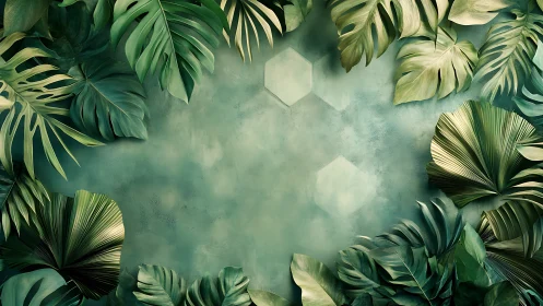 Layered tropical foliage framing textured teal background