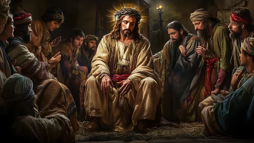 Jesus in solemn counsel surrounded by devoted followers.