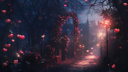 Romantic night street with glowing hearts and roses path