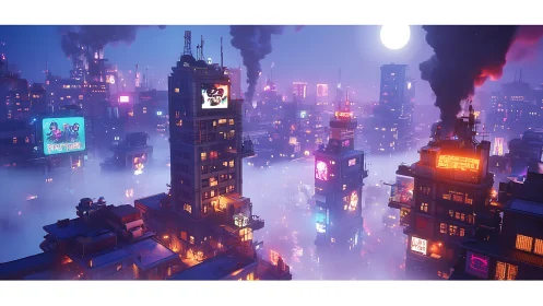 Neon-lit high-rise district in fog under full moon at night.