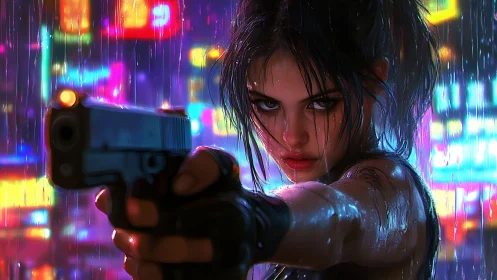 Neon rain sharpens her unflinching aim in the sleepless city
