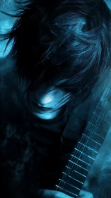 Blue-lit emo guitarist in moody close-up portrait study.