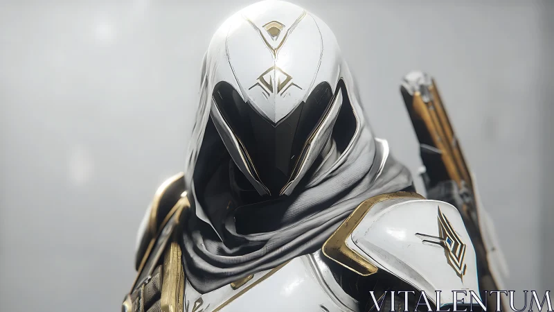 Futuristic white armored guardian stands in serene silence