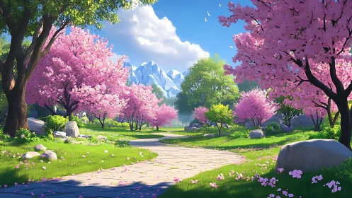 Spring path among pink cherry trees under clear sky.