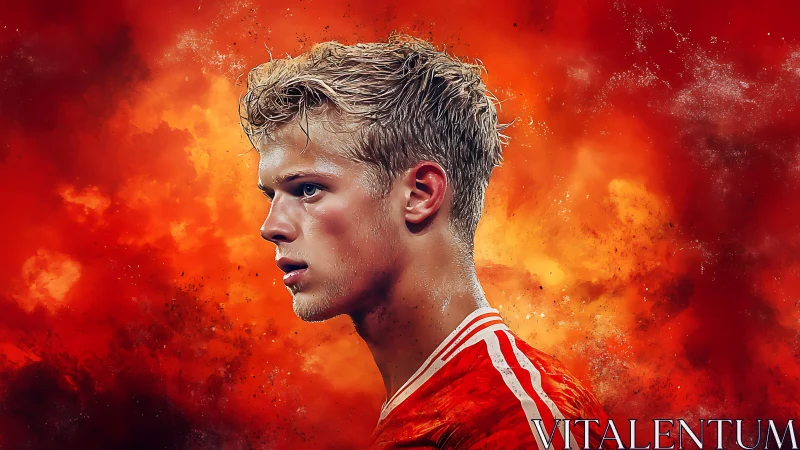 Side profile of soccer player against abstract red backdrop.