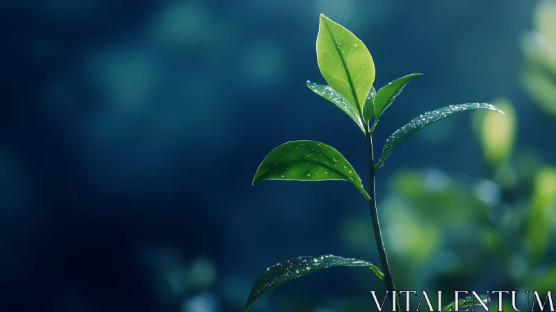 Macro closeup of dew-covered green leaves in soft backlight
