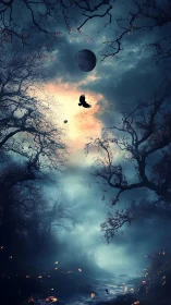 Moonlit forest path with crow silhouette and misty sky.