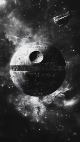 Spherical armored space station floats in dense starfield