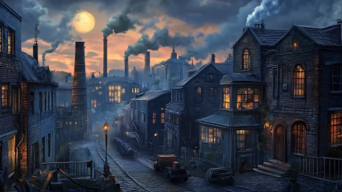 Industrial-era street scene depicts dense smokestacks at dusk