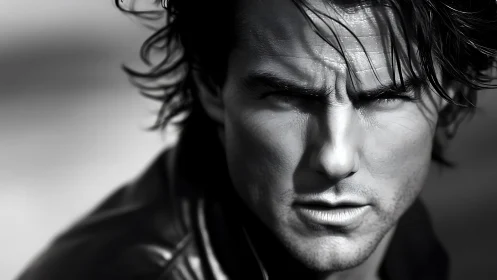 Intense black and white portrait with focused, steady gaze.