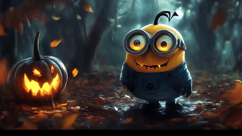 Minion-style creature explores stormy Halloween forest night.