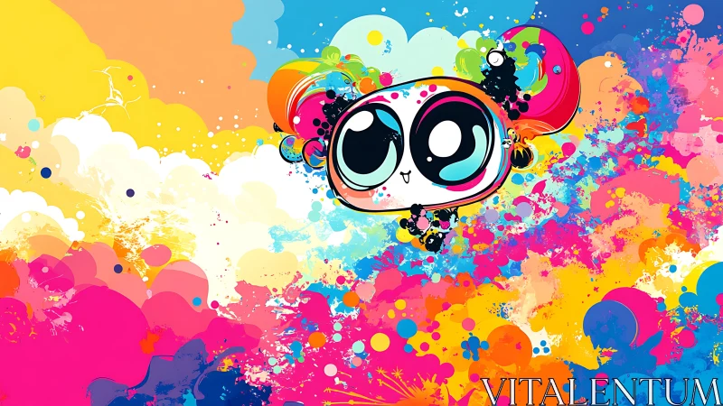Kawaii wide eyed mascot amid multicolor paint splatter clouds