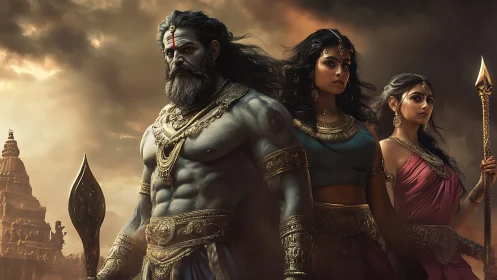 Mythic warrior trio stands before ancient temple at dusk.