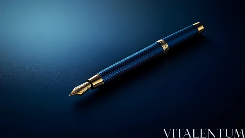 Elegant blue and gold fountain pen on dark gradient background.