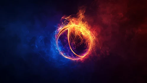 Fiery neon energy ring glows between blue and red void.