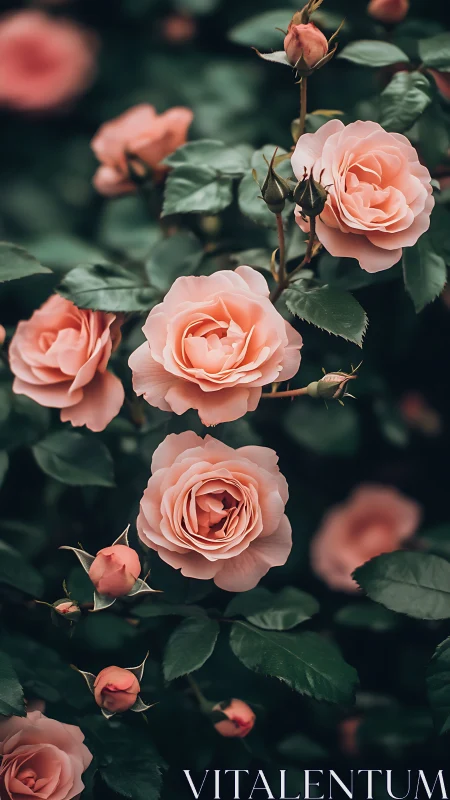 Pink roses with buds amid green foliage.