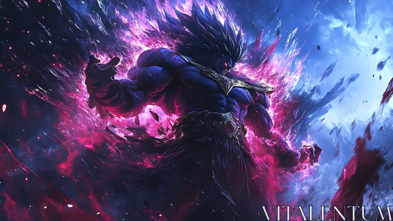 Cosmic warrior unleashes glowing violet power in space storm