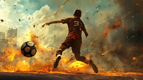 Explosive soccer kick amid cinematic firestorm effects.