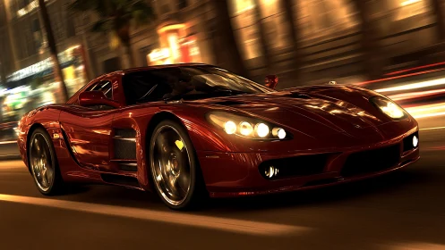 Crimson supercar streaks through molten city lights at speed.